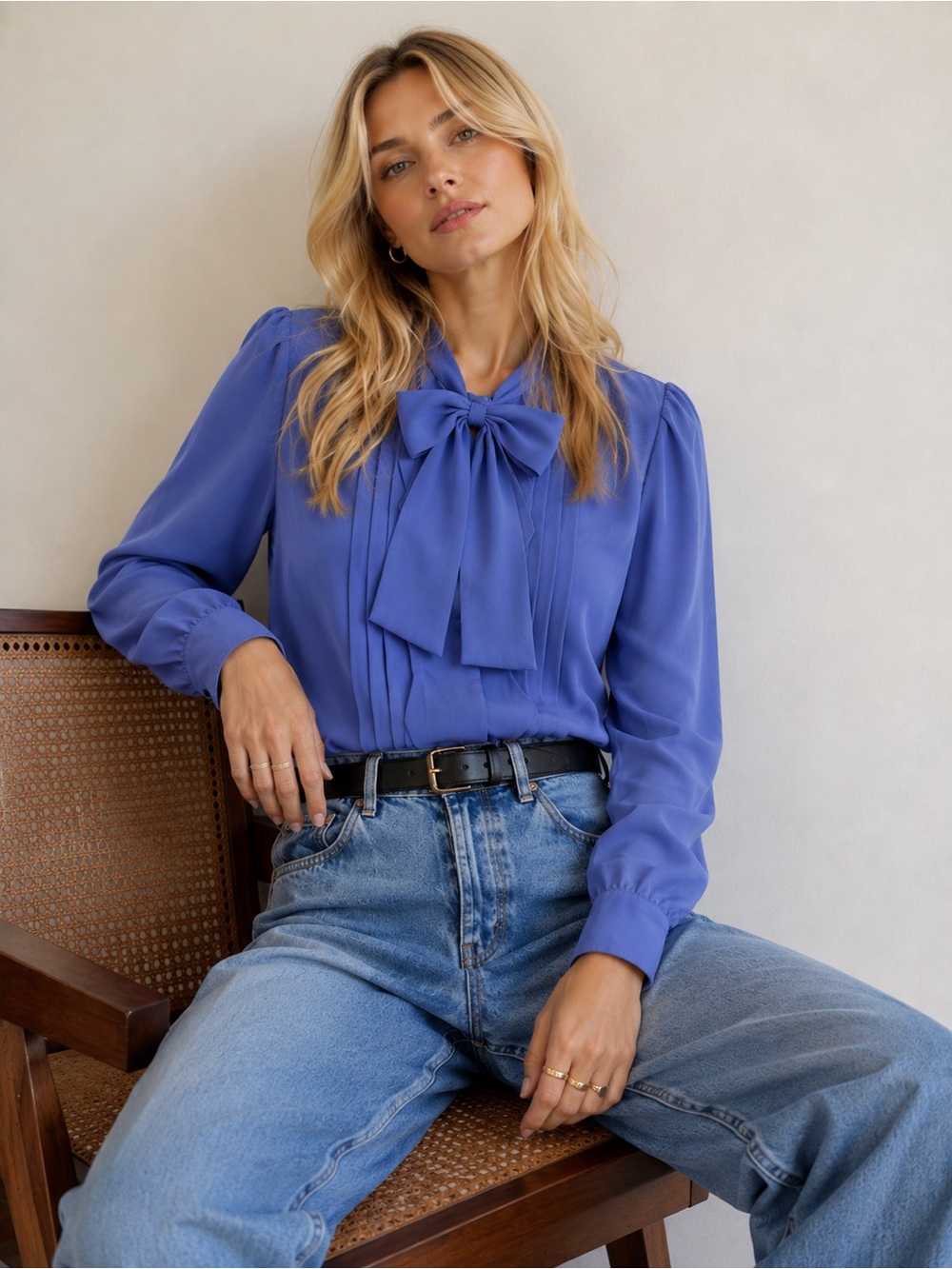 Vintage OPEC Astree Blouse Bow Pleated Periwinkle Blue S M